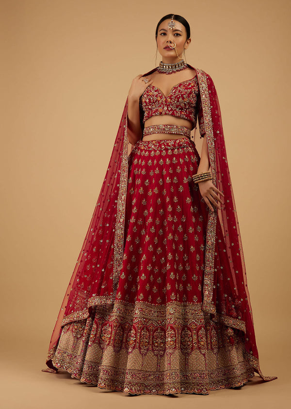 Bride And Baraat Cherry Red Fully Embroidered Lavish Lehenga Choli With Belt