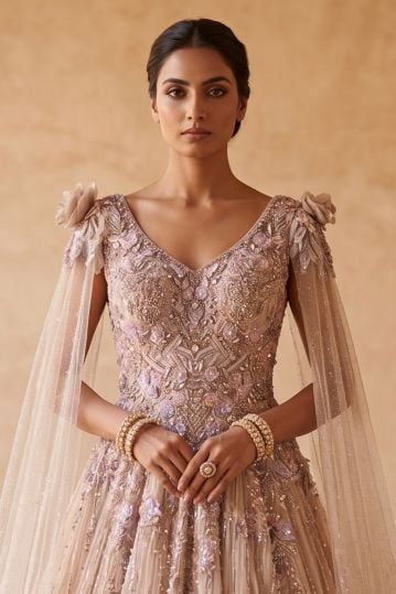 Light Beige Sequins Embroidered Net Evening Gown with Cape Sleeves