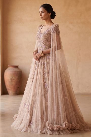 Light Beige Sequins Embroidered Net Evening Gown with Cape Sleeves
