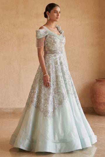 Light Blue Sequins Embroidered Glass Tissue Evening Gown with Asymmetric Sleeves