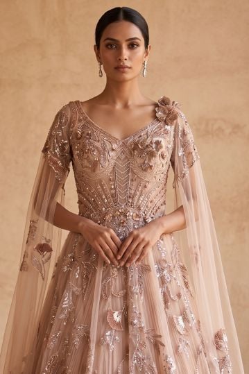 Light Sequins Embroidered Net Evening Gown with Cape Sleeves