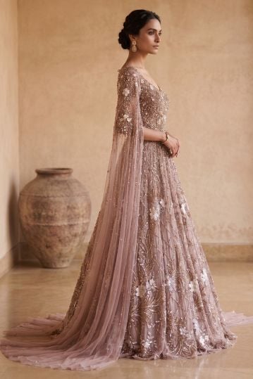 Mauve Lavender Sequins Embroidered Net Evening Gown