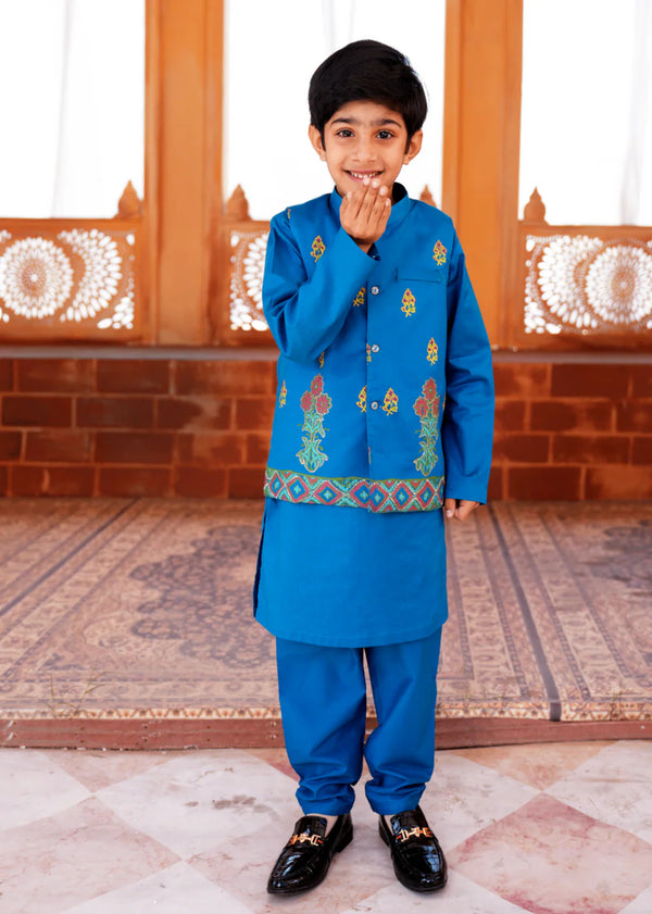 Boys 3 Piece Block Printed Cotton Lawn BFKB02E25 Sapphire Blue