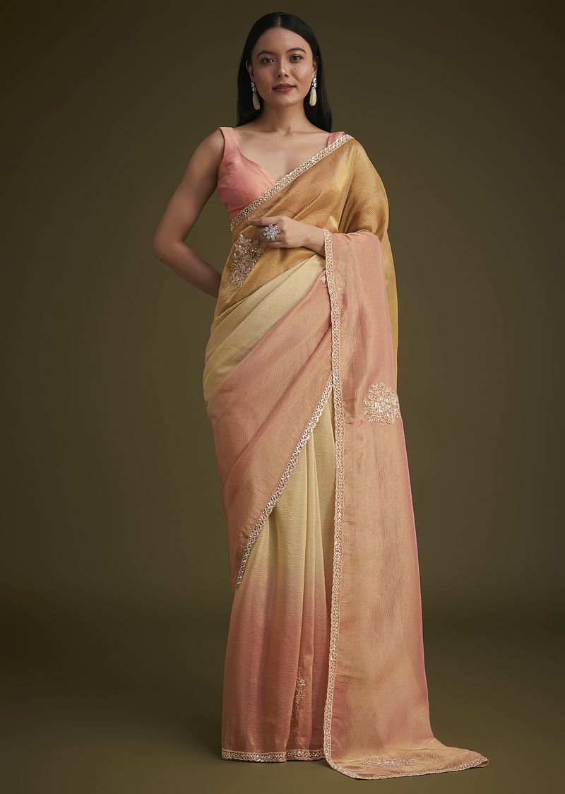 Ochre Yellow Triple Tone Tissue Saree