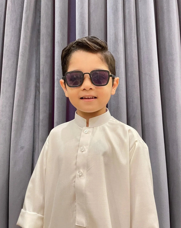 Off White Blended Kurta Trouser - Kids