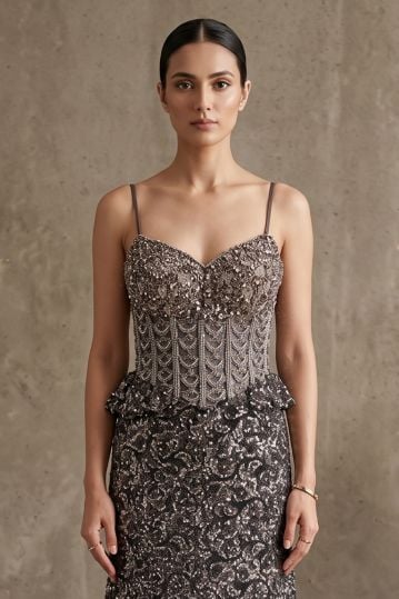 Olive Green Sequins Embroidered Net Mermaid Style Gown