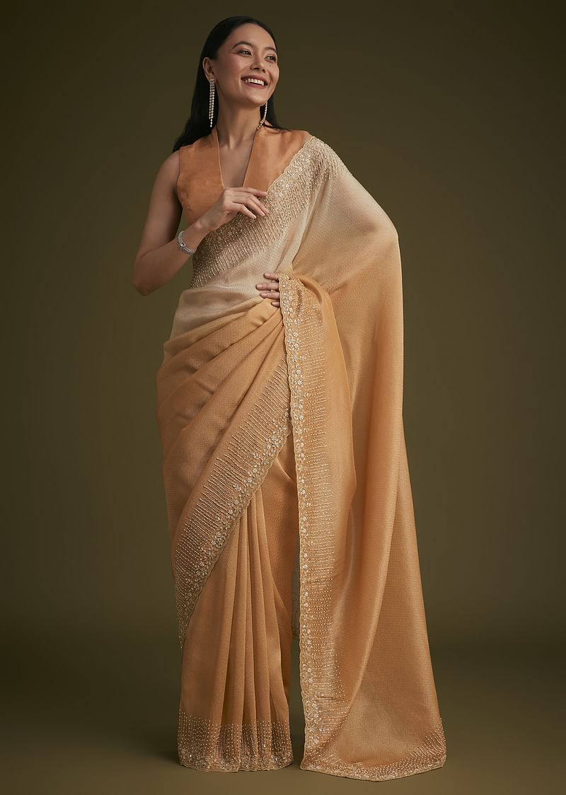 Ombre Orange Jacquard Saree With Cutdana And Stone Embroidery