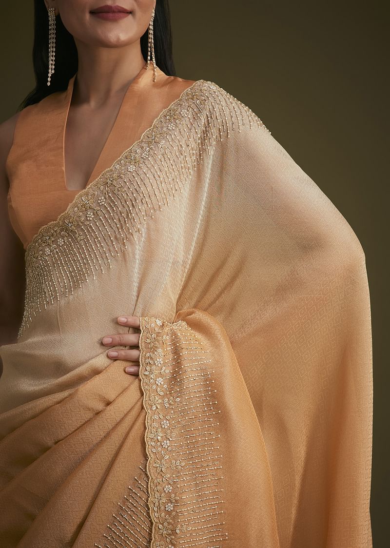 Ombre Orange Jacquard Saree With Cutdana And Stone Embroidery