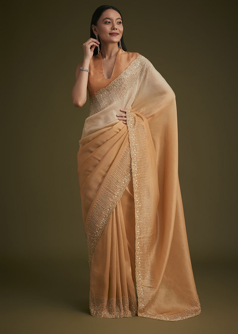 Ombre Orange Jacquard Saree With Cutdana And Stone Embroidery