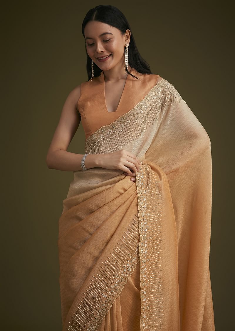 Ombre Orange Jacquard Saree With Cutdana And Stone Embroidery