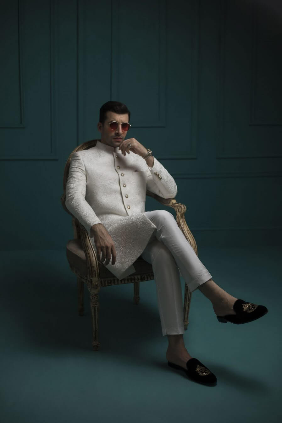 White Self Embossed Sherwani