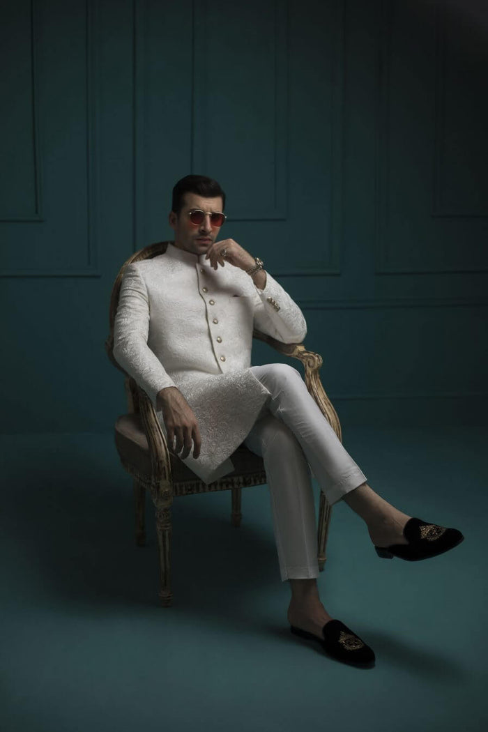 White Self Embossed Sherwani