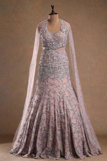 Pale Lavender Net Fishcut Style Cocktail Gown with Cape