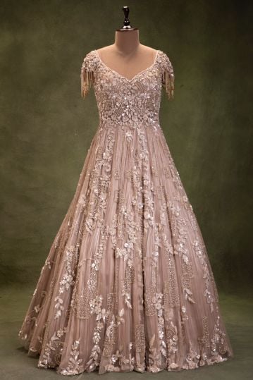 Pale Pink Sequins Embroidered Net Evening Gown with Leaf Neck