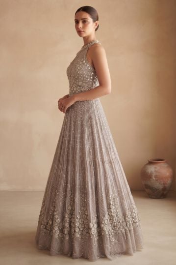 Pastel Grey Sequins Embroidered Evening Net Gown with Halter Neck