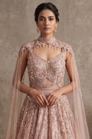 Peach Sequins Embroidered Net Flared Style Evening Gown with Cape