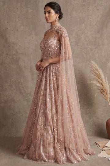 Peach Sequins Embroidered Net Flared Style Evening Gown with Cape