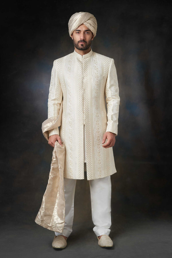 Pearl White Classic Sherwani with Sequins