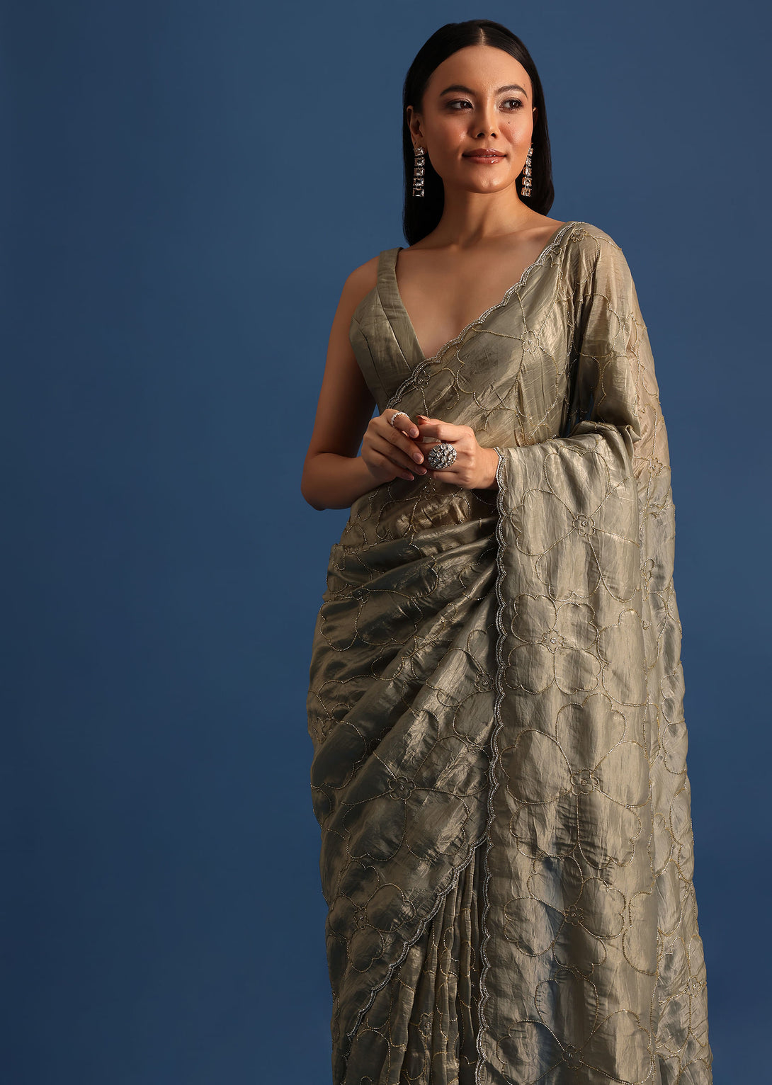 Pencil Grey Cutdana Embroidered Crepe Saree