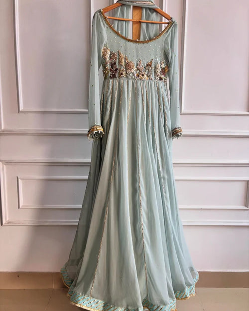 Gold Pakistani Bridal Dress in Gown and Lehenga With Red Dupatta UY Collection Gold Pakistani Bridal Dress in Gown and Lehenga With Red Dupatta UY Collection