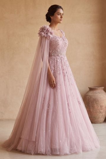 Pink Sequins Embroidered Evening Gown with Pentagon Neck