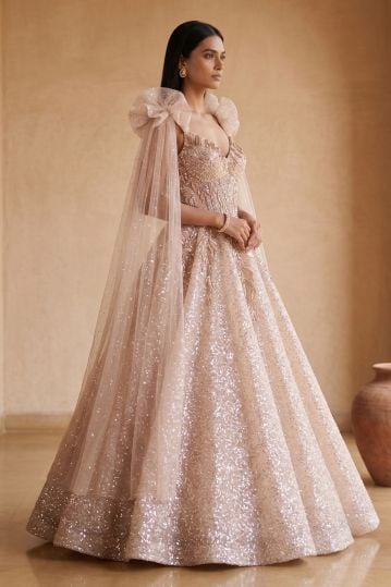 Pink Sequins Embroidered Net Cocktail Gown with Cape Sleeves