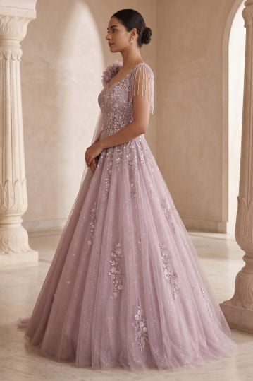 Pink Sequins Embroidered Net Cocktail Gown with Pentagon Neck