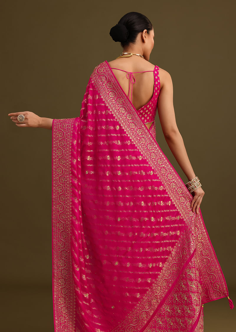 Pink Zardosi Embroidered Saree With Cutdana And Stone Work