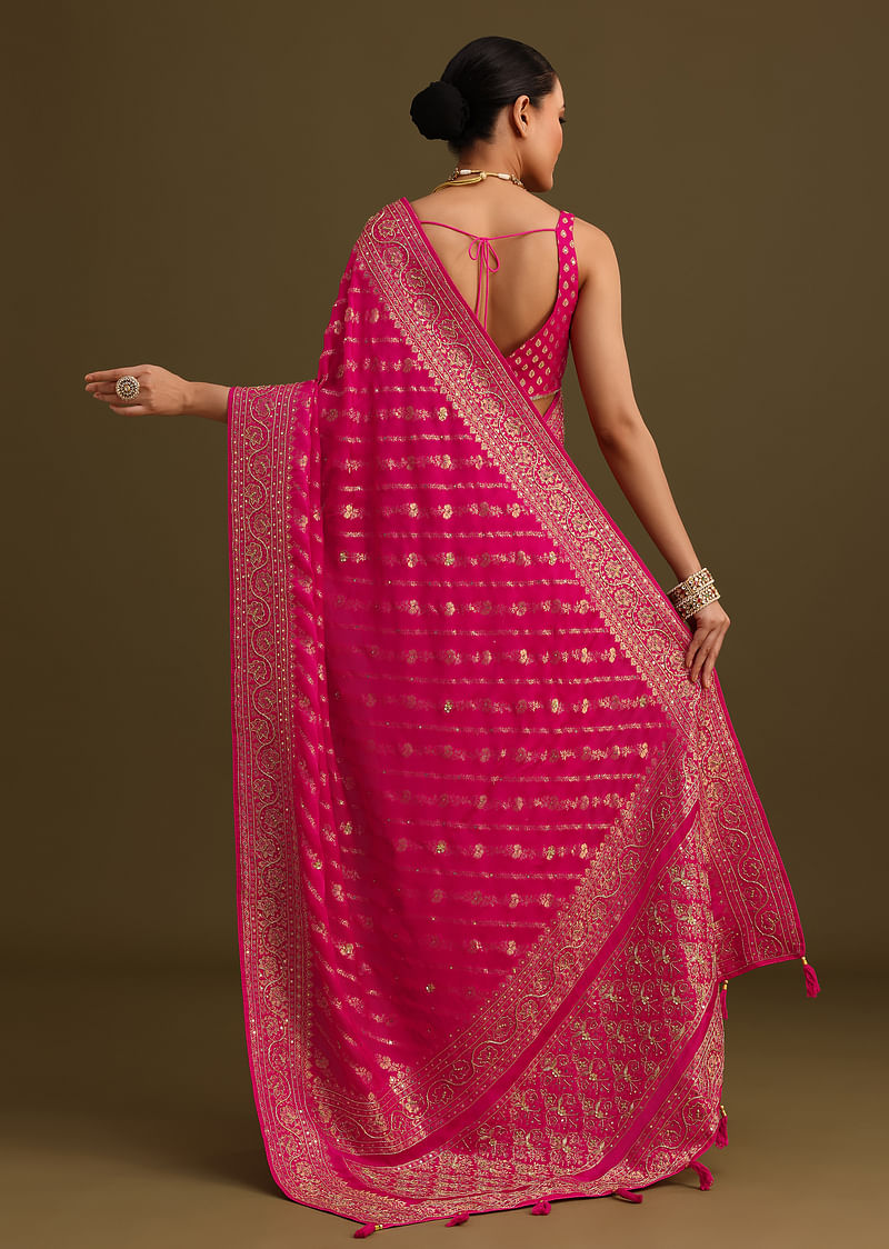 Pink Zardosi Embroidered Saree With Cutdana And Stone Work