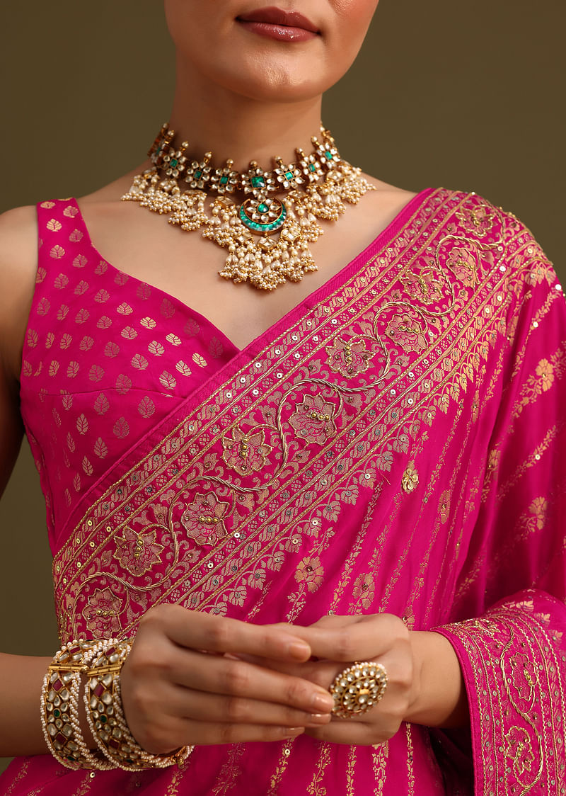 Pink Zardosi Embroidered Saree With Cutdana And Stone Work