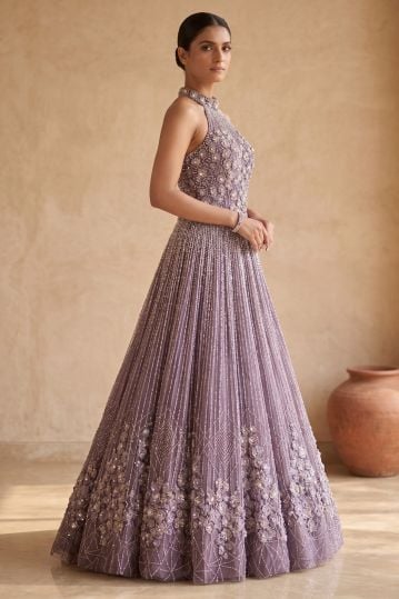 Purple Sequins Embroidered Evening Gown with V Neck