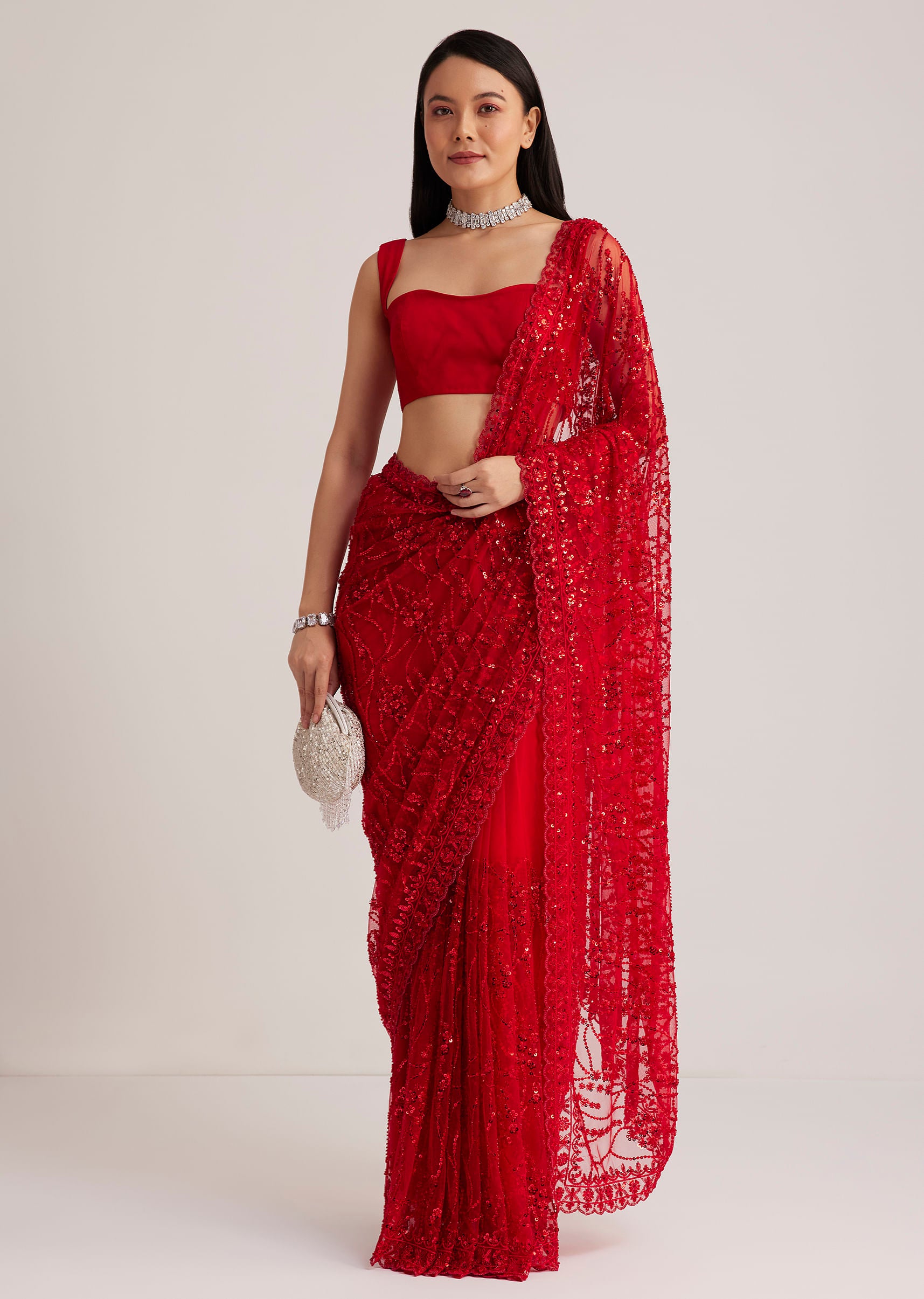 Red Net Saree With Sequins And Stone Detailing – UY Collection