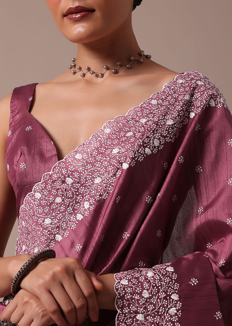 Onion Pink Embroidered Tussar Saree