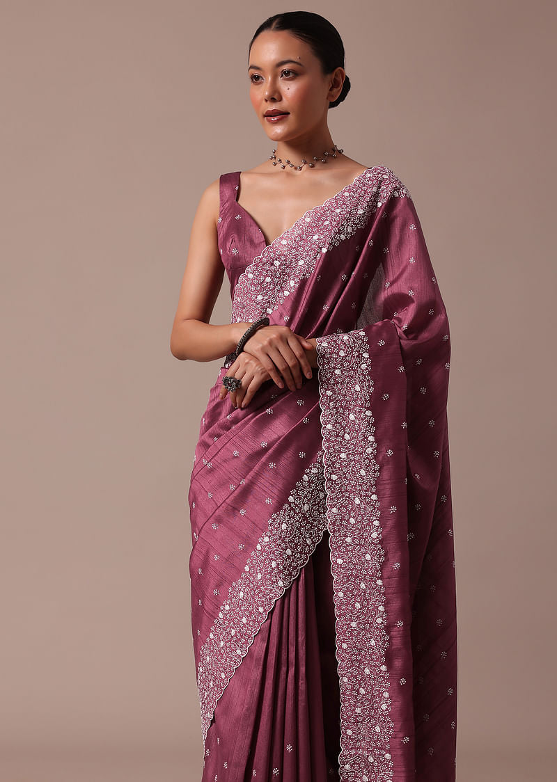 Onion Pink Embroidered Tussar Saree