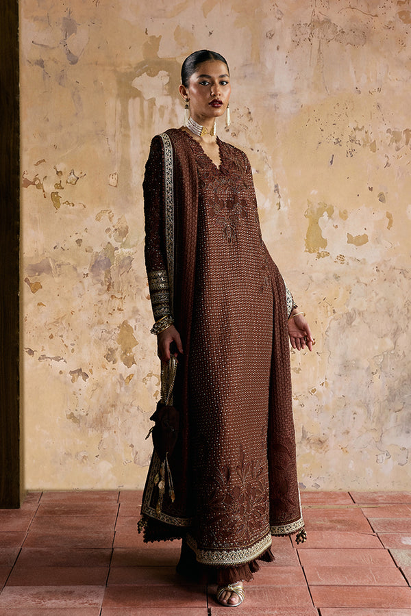 ZORAYN – 3-Piece Silk Embroidered Ensemble in Chocolate Brown | Suffuse