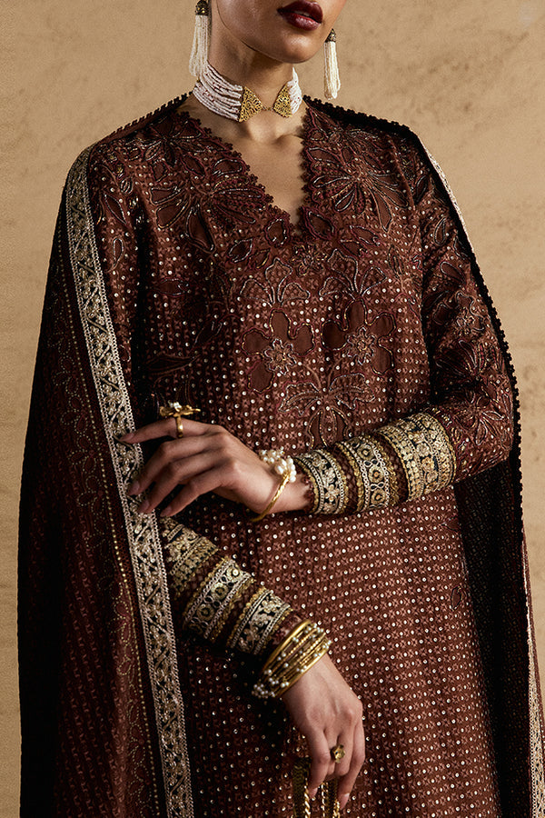 ZORAYN – 3-Piece Silk Embroidered Ensemble in Chocolate Brown | Suffuse