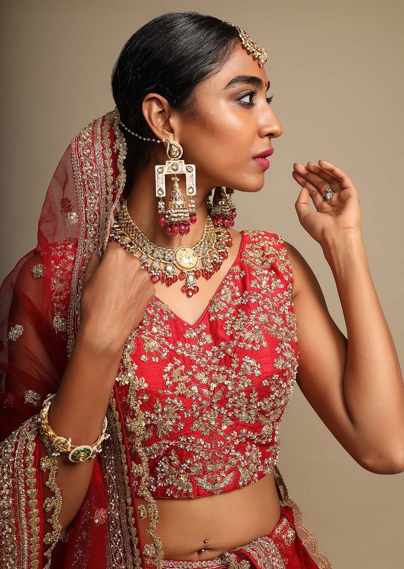 Scarlet Red Lehenga Choli In Raw Silk With Zari Embroidered Feminine Floral Kalis