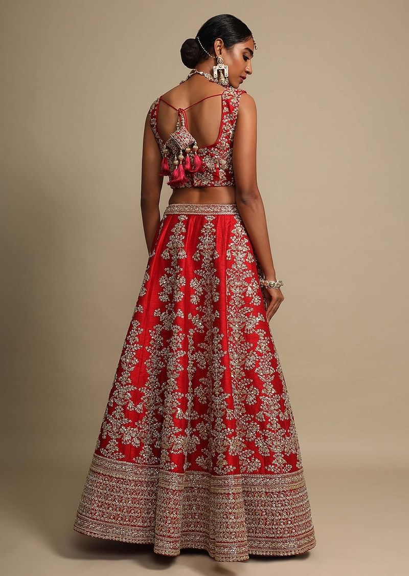 Scarlet Red Lehenga Choli In Raw Silk With Zari Embroidered Feminine Floral Kalis