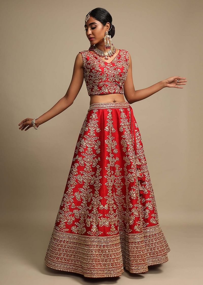 Scarlet Red Lehenga Choli In Raw Silk With Zari Embroidered Feminine Floral Kalis