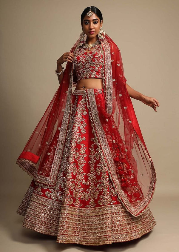 Scarlet Red Lehenga Choli In Raw Silk With Zari Embroidered Feminine Floral Kalis