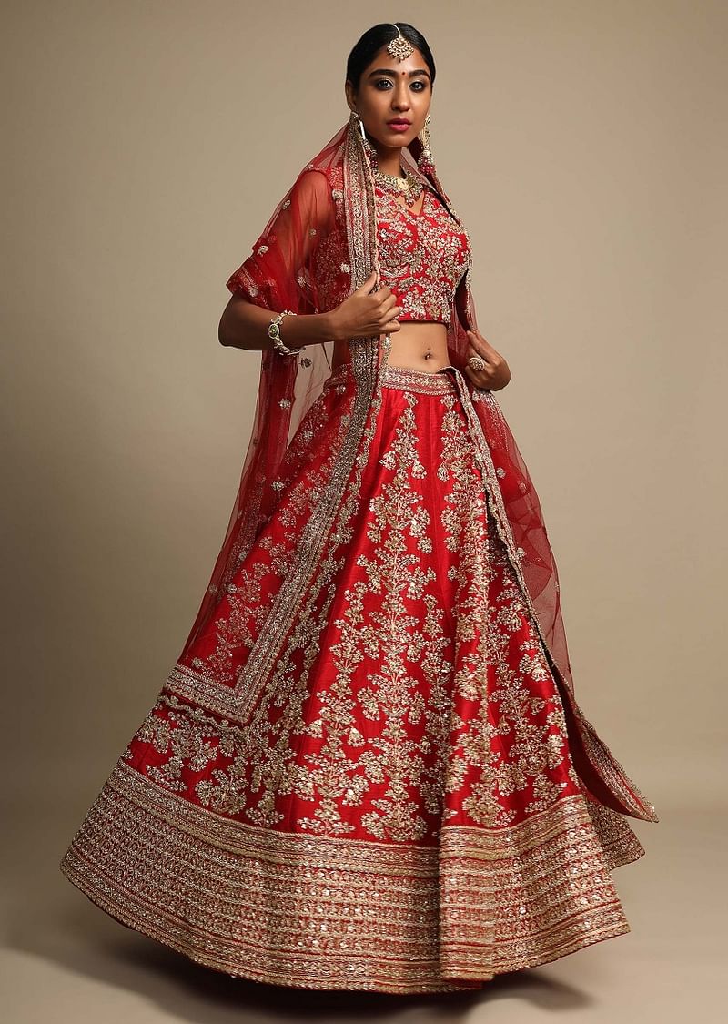 Scarlet Red Lehenga Choli In Raw Silk With Zari Embroidered Feminine Floral Kalis