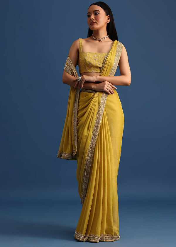 Yellow Tissue Organza Saree With Embroidered Border