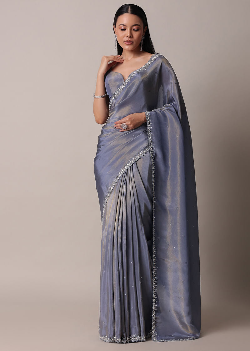 Grey Glass Tissue Saree With Mirror Work Border