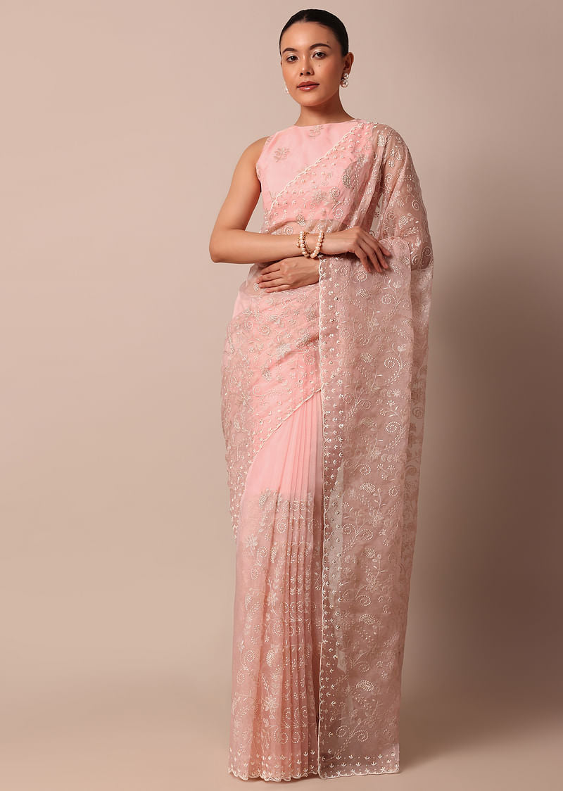 Pink Saree In Organza Silk With Chikankari Floral Work