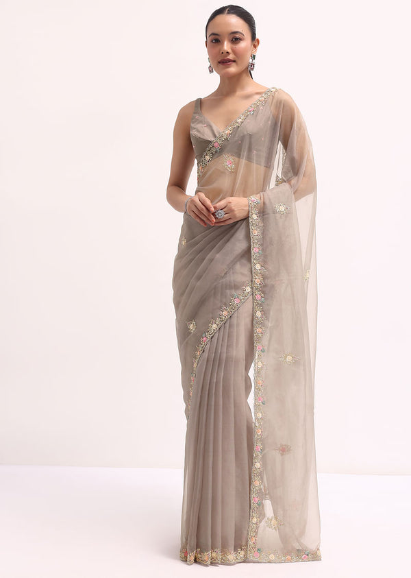 Grey Scallop Border Organza Saree