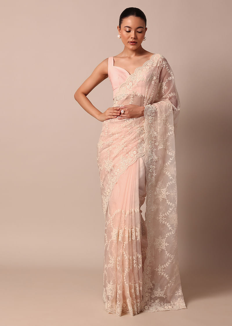 Baby Pink Chikankari Organza Silk Saree With Scallop Border