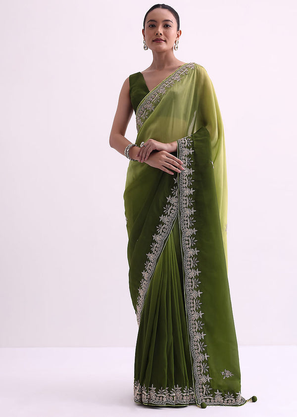 Greem Ombre Shaded Satin Saree With Zardozi Work