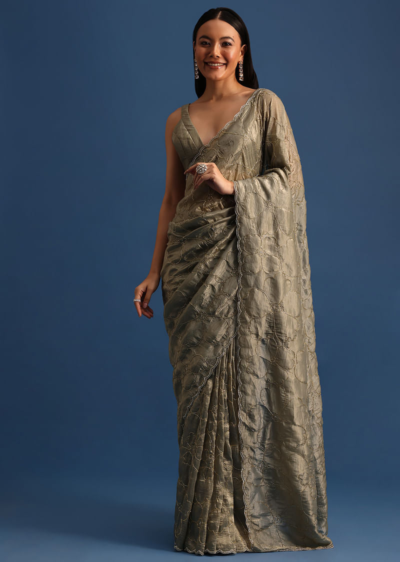 Pencil Grey Cutdana Embroidered Crepe Saree