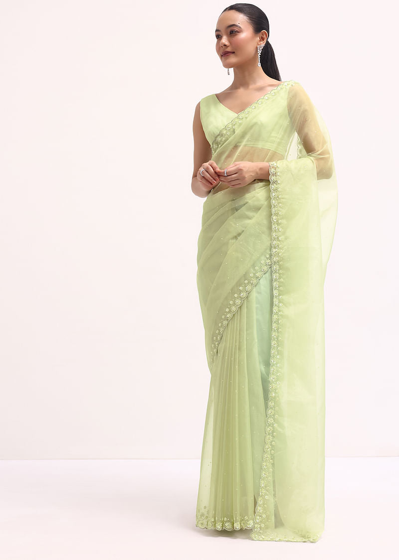 Pista Green Organza Saree In Sequins