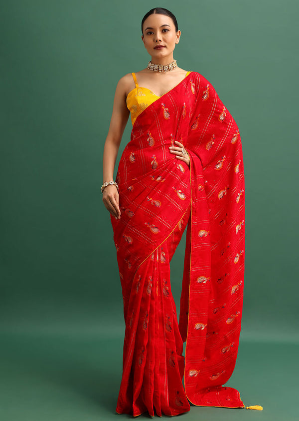 Red Dola Silk Woven Saree In Zari And Peacock Motifs